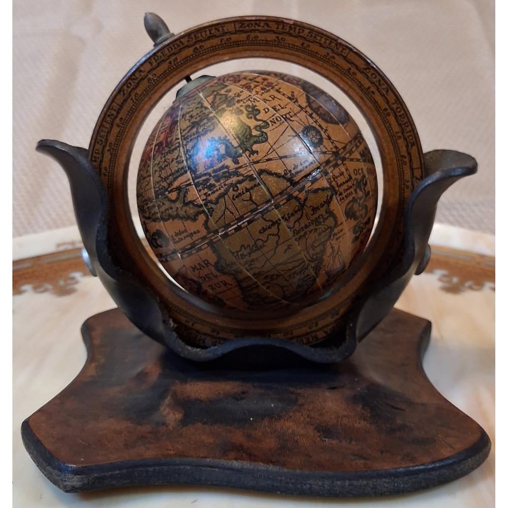 Vintage Miniature Desk Globe Leather Saddle Holder Wood Base Antique Style 5in